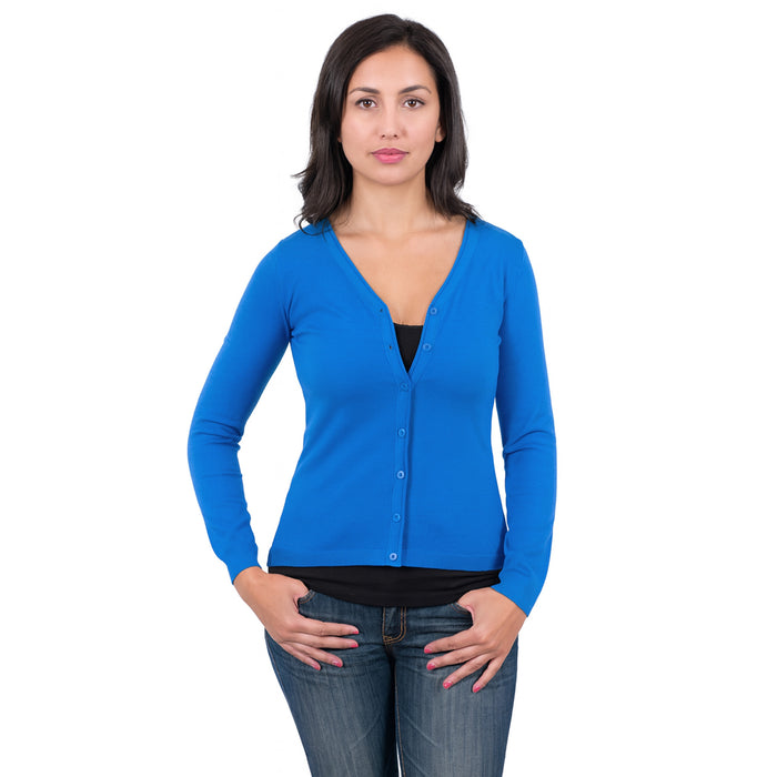 Real Cashmere Cobalt Blue Cashmere Blend WomensV-Neck Cardigan-XS