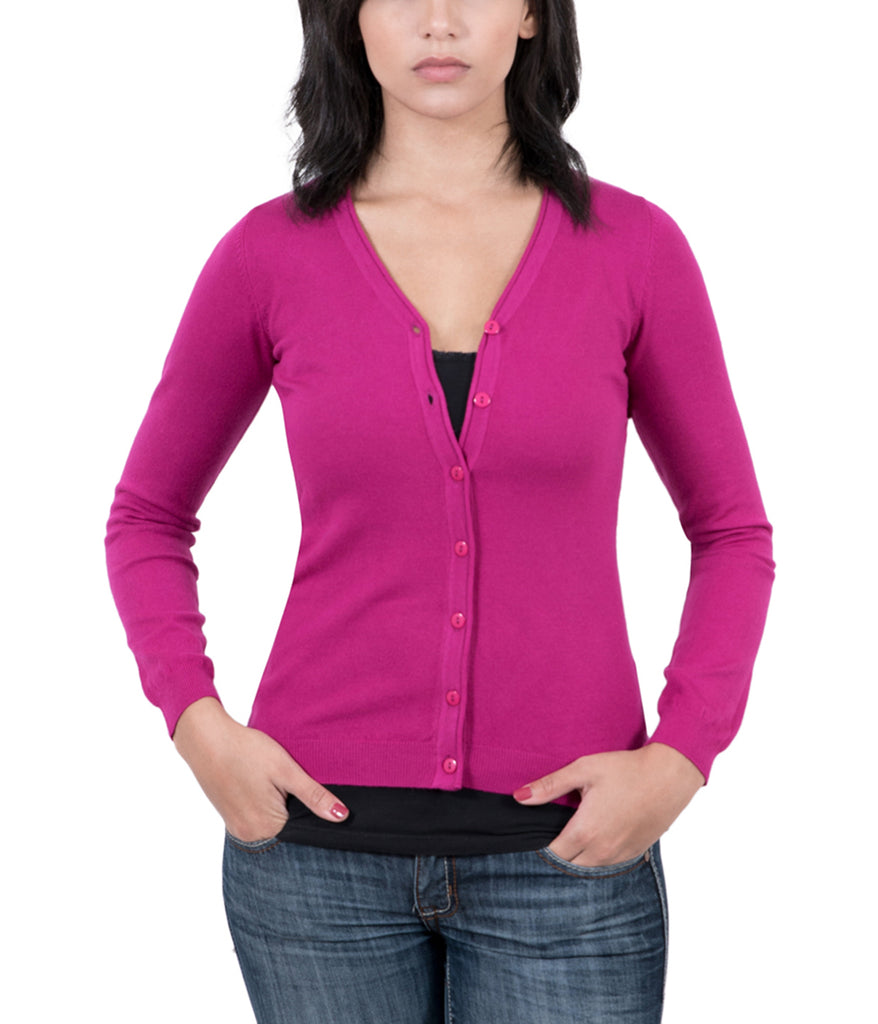 Real Cashmere Fuschia Cashmere Blend WomensV-Neck Cardigan