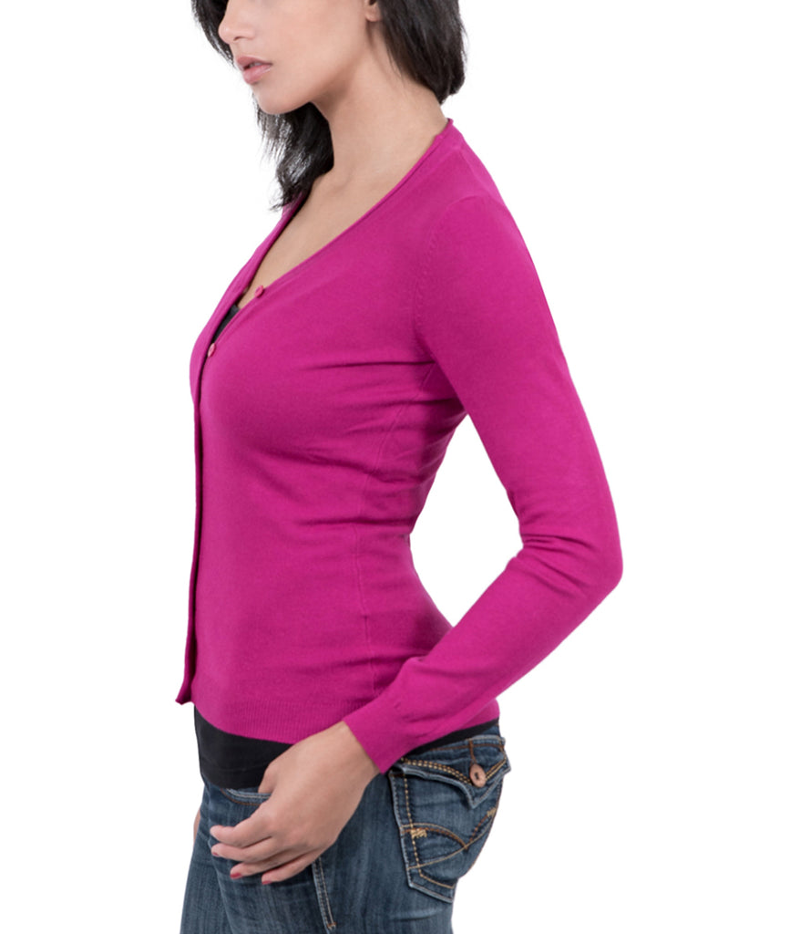 Real Cashmere Fuschia Cashmere Blend WomensV-Neck Cardigan