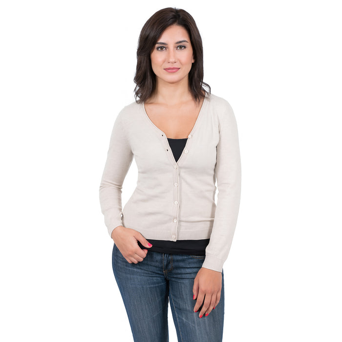Real Cashmere Beige Cashmere Blend WomensV-Neck Cardigan-L