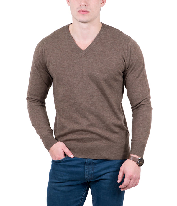 Real Cashmere Brown V-Neck Cashmere Blend Mens Sweater
