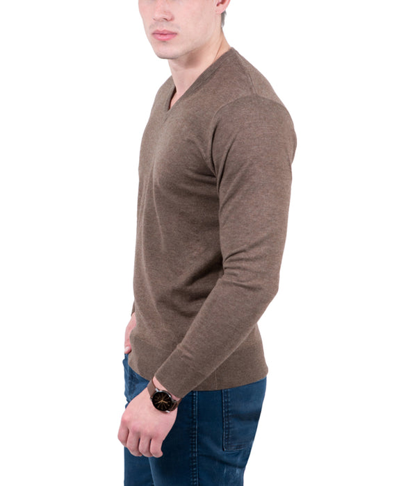 Real Cashmere Brown V-Neck Cashmere Blend Mens Sweater