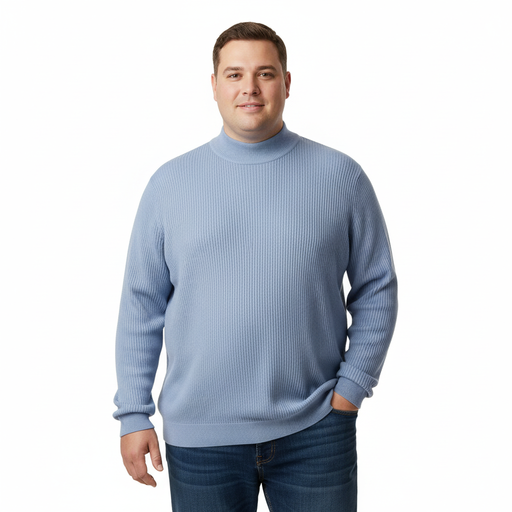Cotton-Modal Blend Mock Neck Big Mens Indigo Sweater by Real Cashmere