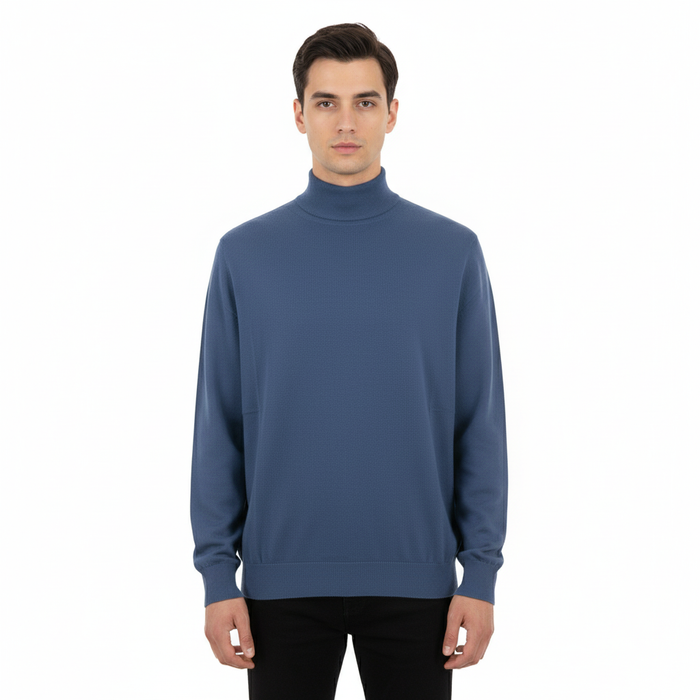 Cotton-Modal Blend Mock Neck Big Mens Navy Blue Sweater by Real Cashmere-3XL Big