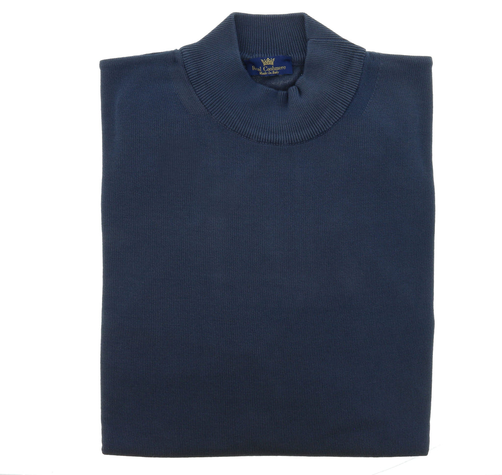 Cotton-Modal Blend Mock Neck Big Mens Navy Blue Sweater by Real Cashmere