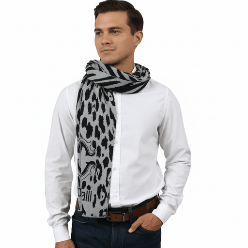Roberto Cavalli ESZ025 D0060 Grey/Black Leopard Print Mens Scarf