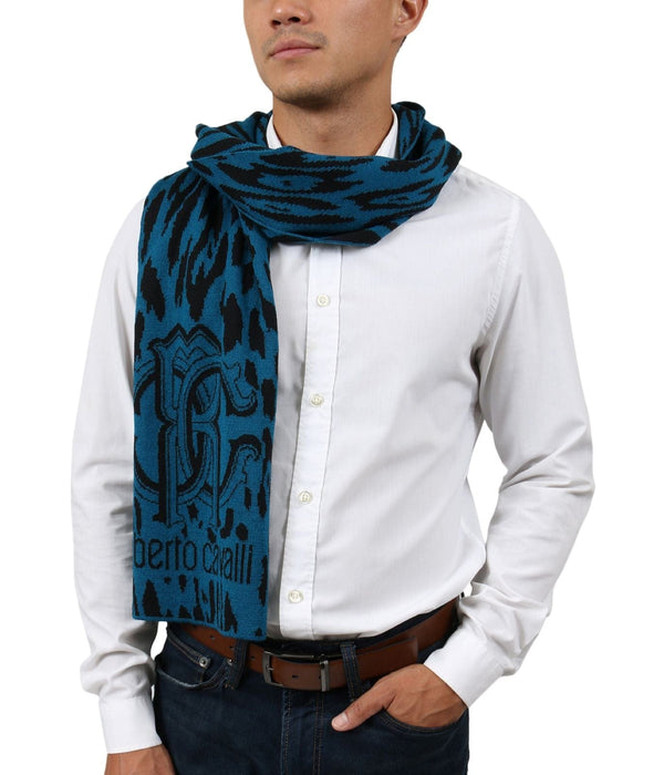 Roberto Cavalli ESZ025 D0174 Blue Marine/ Black Wool Blend Leopard Print Mens Scarf