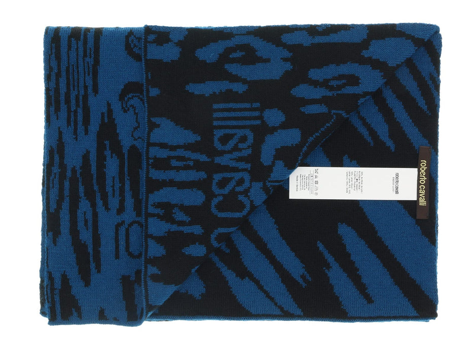 Roberto Cavalli ESZ025 D0174 Blue Marine/ Black Wool Blend Leopard Print Mens Scarf