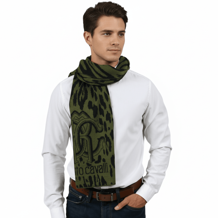 Roberto Cavalli ESZ025 D0491 Green/ Black Wool Blend Leopard Print Mens Scarf