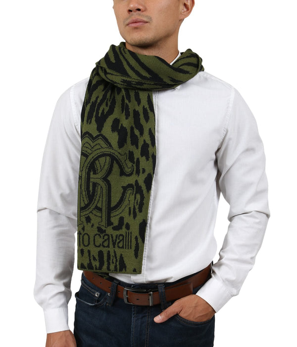 Roberto Cavalli ESZ025 D0491 Green/ Black Wool Blend Leopard Print Mens Scarf
