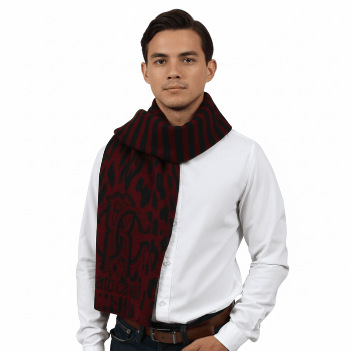 Roberto Cavalli ESZ025 02000 Burgundy Wool Blend Leopard Print Mens Scarf