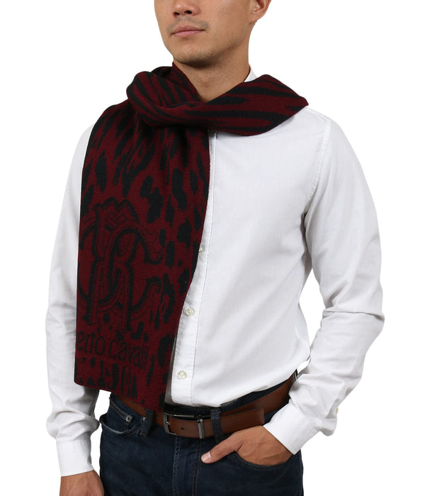 Roberto Cavalli ESZ025 02000 Burgundy Wool Blend Leopard Print Mens Scarf