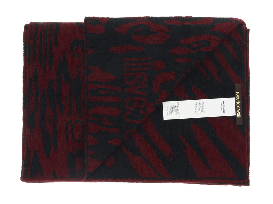Roberto Cavalli ESZ025 02000 Burgundy Wool Blend Leopard Print Mens Scarf