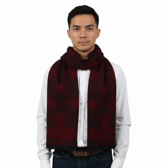 Roberto Cavalli Men's Burgundy Logo Print Wool Blend Scarf