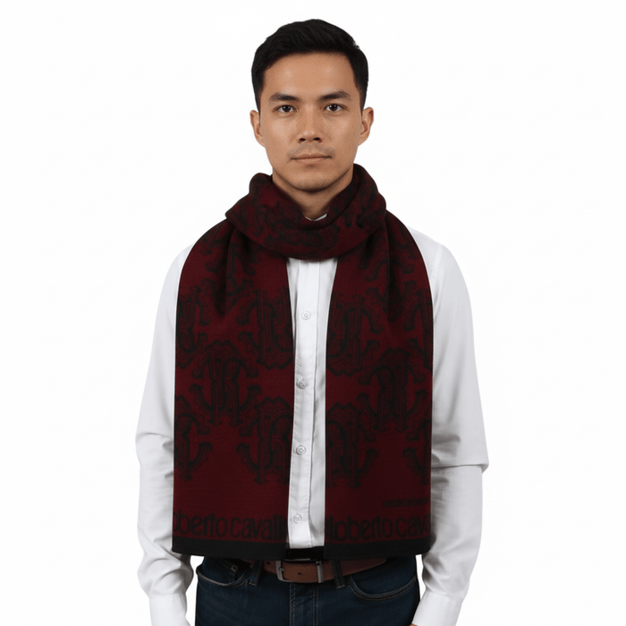 Roberto Cavalli ESZ028 02000 Burgundy Wool Blend Logo Mens Scarf