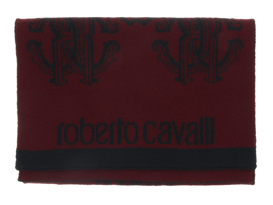Roberto Cavalli Men's Burgundy Logo Print Wool Blend Scarf