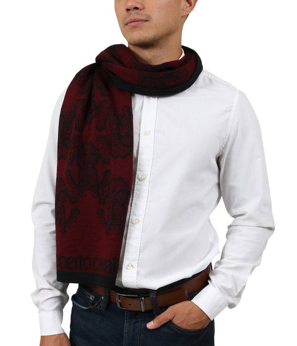 Roberto Cavalli Men's Burgundy Logo Print Wool Blend Scarf
