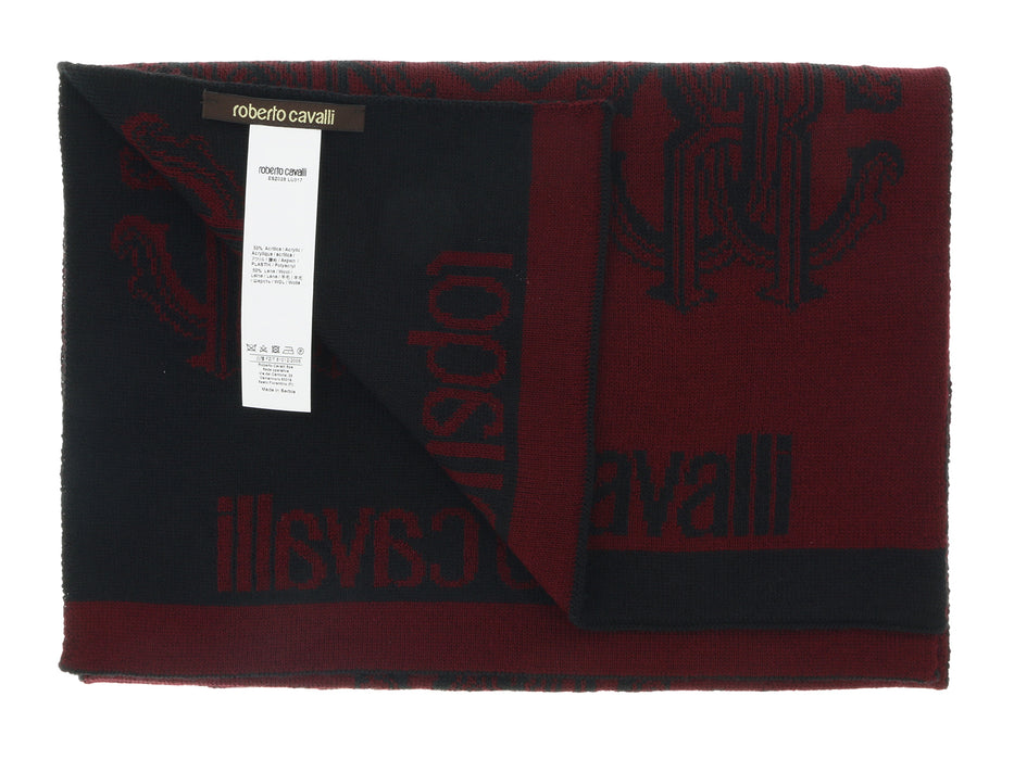 Roberto Cavalli Men's Burgundy Logo Print Wool Blend Scarf