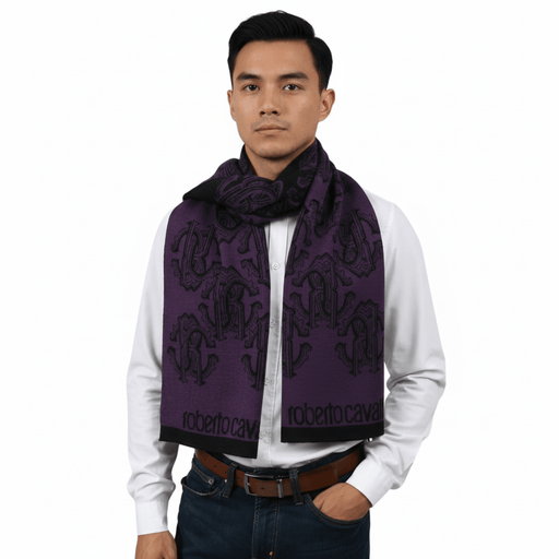 Roberto Cavalli ESZ028 03000 Purple Wool Blend Logo Mens Scarf