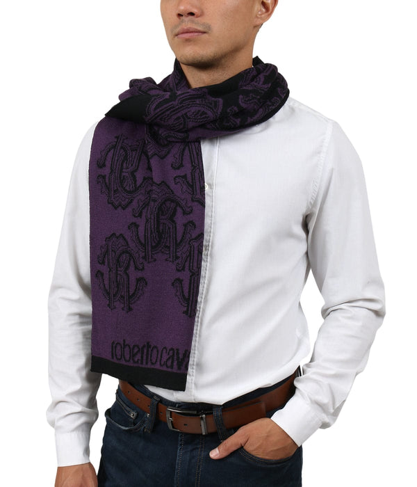Roberto Cavalli ESZ028 03000 Purple Wool Blend Logo Mens Scarf
