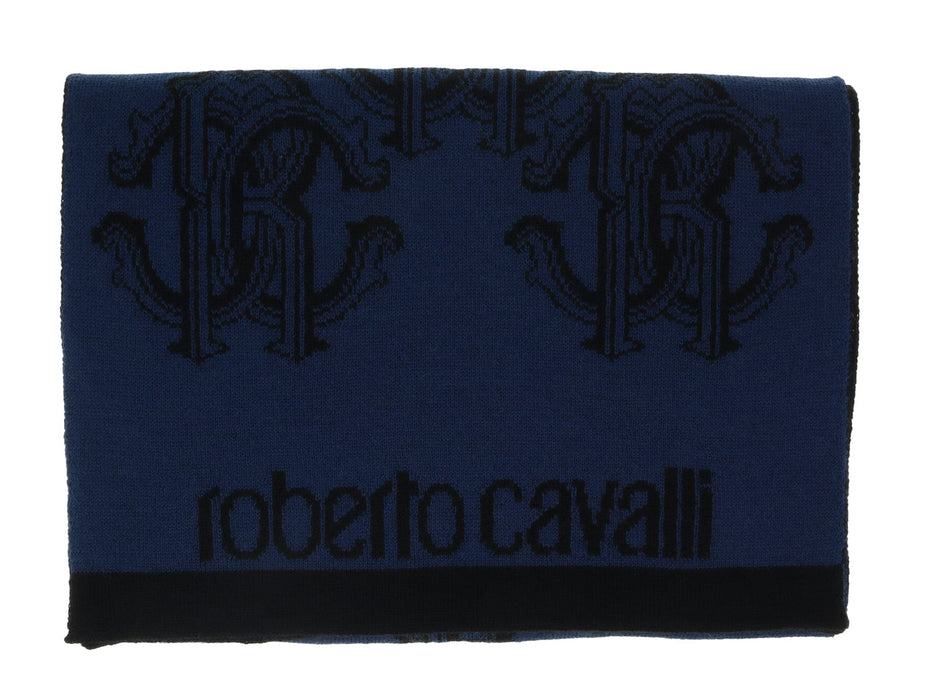 Roberto Cavalli ESZ028 D0174 Blue Marine/ Black Wool Blend Logo Mens Scarf