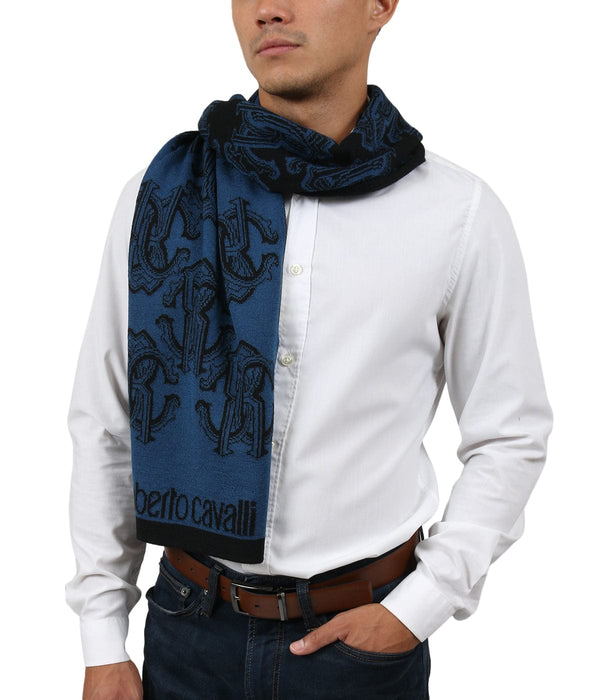 Roberto Cavalli ESZ028 D0174 Blue Marine/ Black Wool Blend Logo Mens Scarf