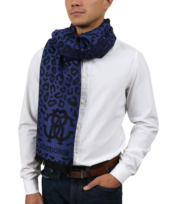 Roberto Cavalli ESZ029 03000 Purple Wool Blend Leopard Print Mens Scarf