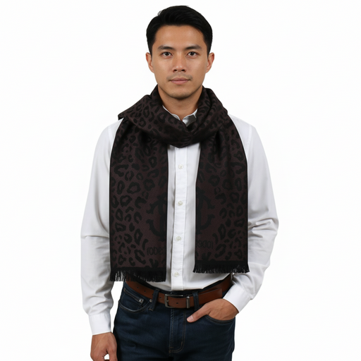 Roberto Cavalli ESZ029 03503 Dark Brown Wool Blend Leopard Print Mens Scarf