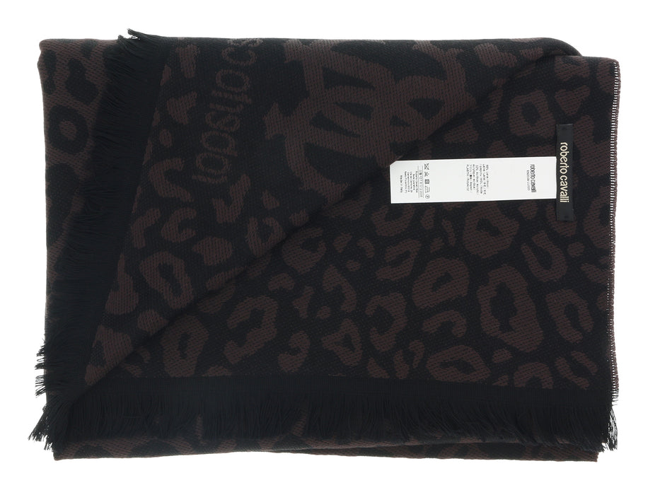 Roberto Cavalli ESZ029 03503 Dark Brown Wool Blend Leopard Print Mens Scarf