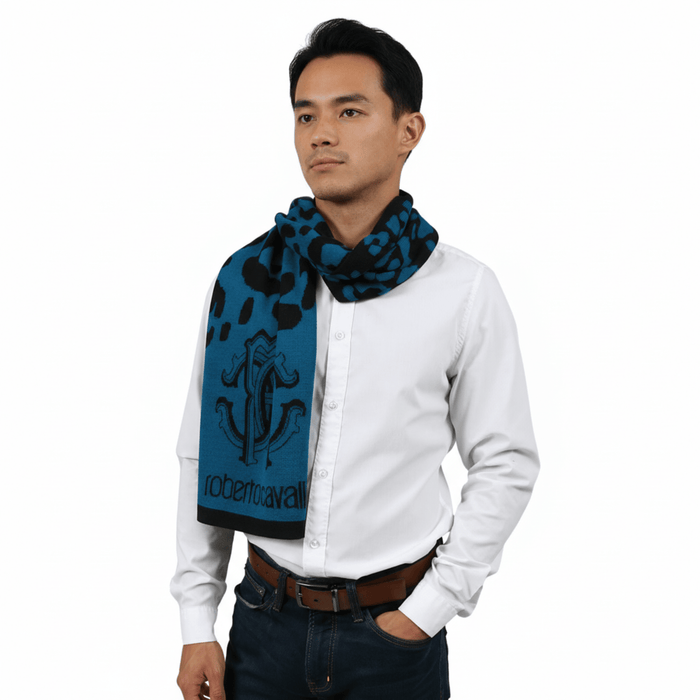 Roberto Cavalli ESZ030 D2493 Teal Blue/ Black Wool Blend Leopard Print Mens Scarf