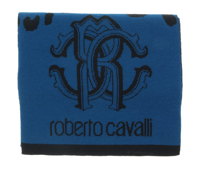 Roberto Cavalli ESZ030 D2493 Teal Blue/ Black Wool Blend Leopard Print Mens Scarf