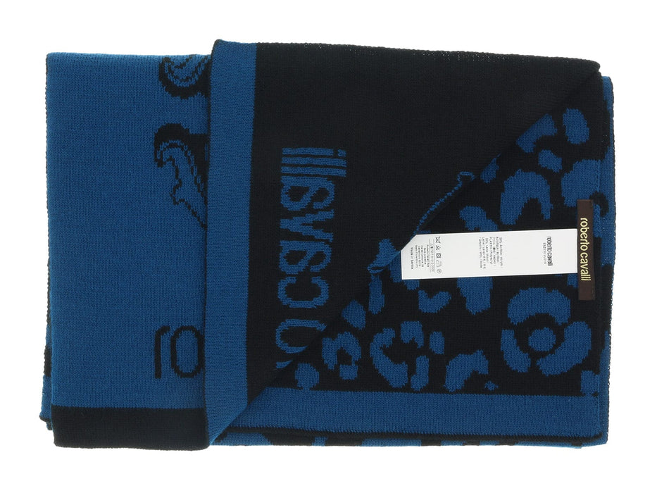 Roberto Cavalli ESZ030 D2493 Teal Blue/ Black Wool Blend Leopard Print Mens Scarf