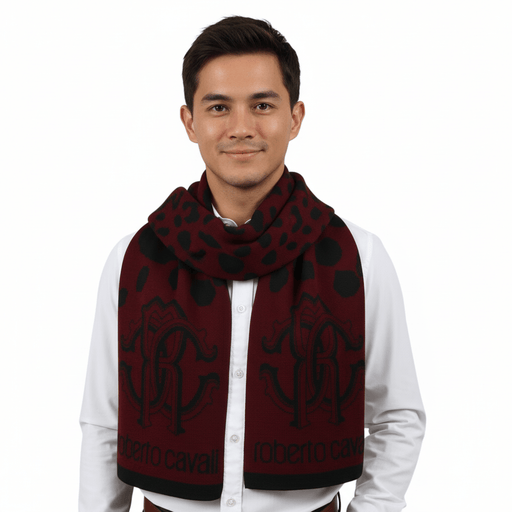 Roberto Cavalli ESZ030 02000 Burgundy Wool Blend Leopard Print Mens Scarf