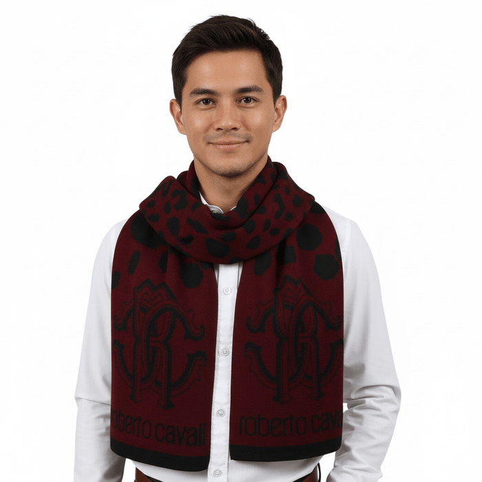 Roberto Cavalli ESZ030 02000 Burgundy Wool Blend Leopard Print Mens Scarf
