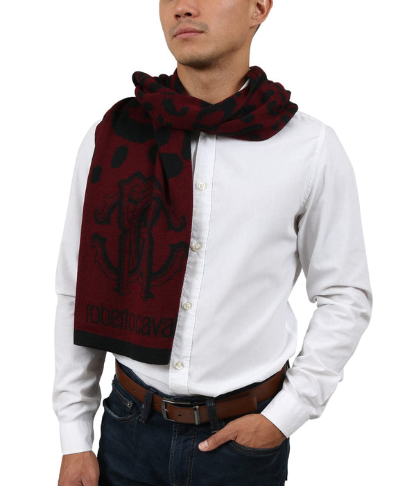 Roberto Cavalli ESZ030 02000 Burgundy Wool Blend Leopard Print Mens Scarf