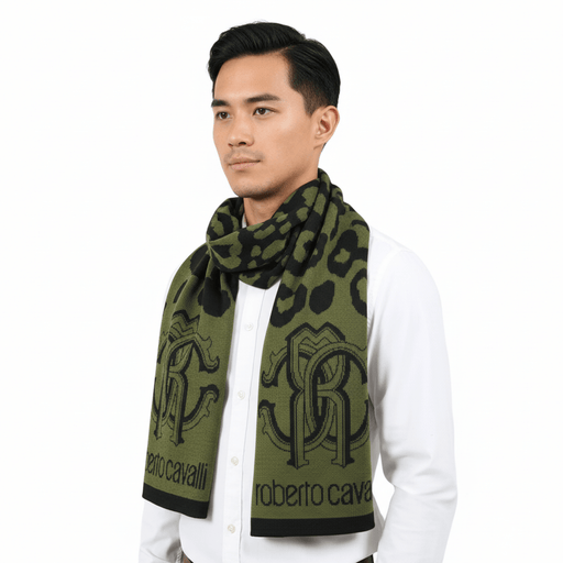 Roberto Cavalli ESZ030 04000 Green Wool Blend Leopard Print Mens Scarf