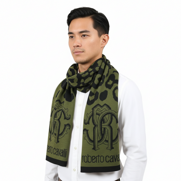 Roberto Cavalli Men's Green Leopard Print Wool Blend Scarf