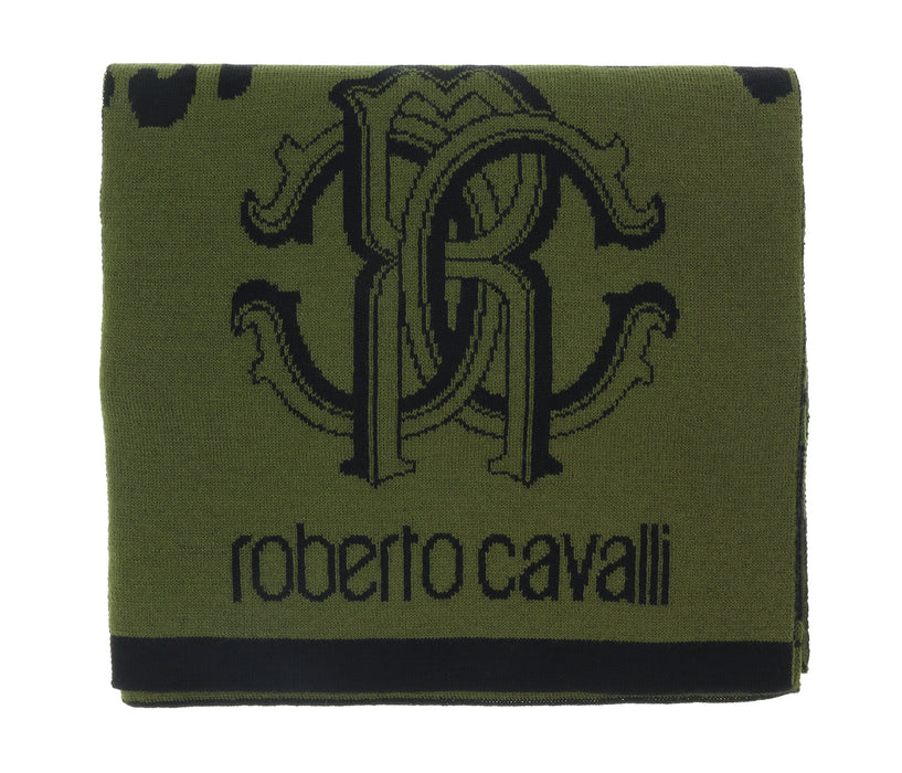 Roberto Cavalli Men's Green Leopard Print Wool Blend Scarf
