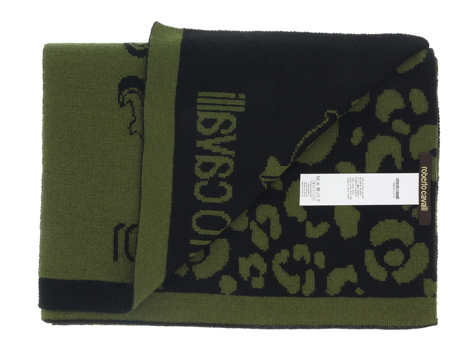 Roberto Cavalli Men's Green Leopard Print Wool Blend Scarf