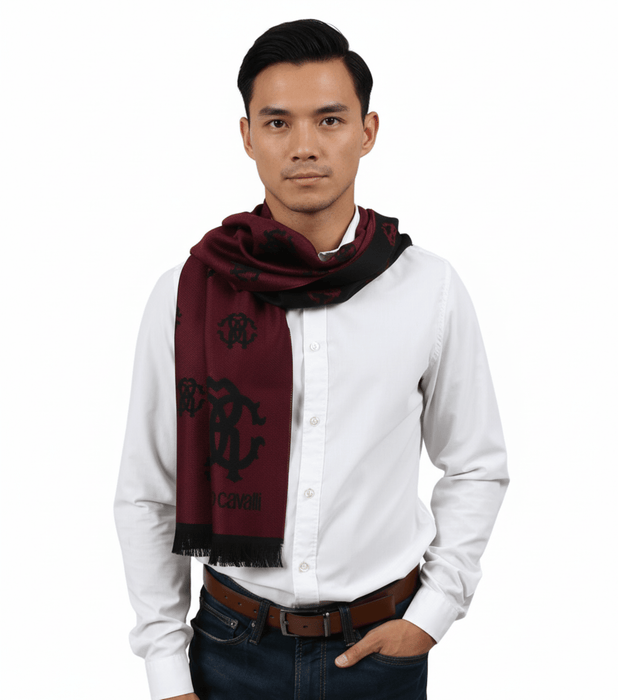 Roberto Cavalli ESZ051 02000 Red Wool Blend Logo Mens Scarf