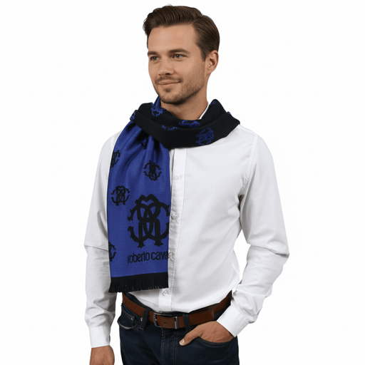 Roberto Cavalli ESZ051 03000 Purple Wool Blend Logo Mens Scarf