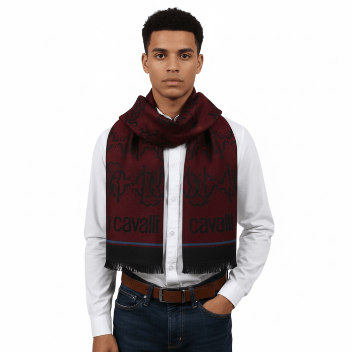 Roberto Cavalli ESZ053 02000 Red Wool Blend Logo Mens Scarf