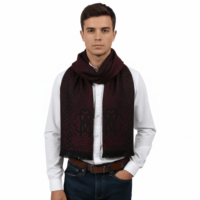 Roberto Cavalli ESZ054 02000 Red Wool Blend Cheetah Print Mens Scarf