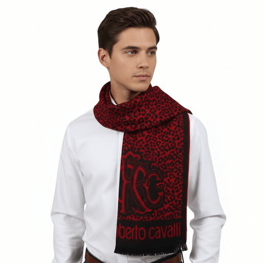 Roberto Cavalli ESZ056 02000 Red Wool Blend Leopard Print Mens Scarf