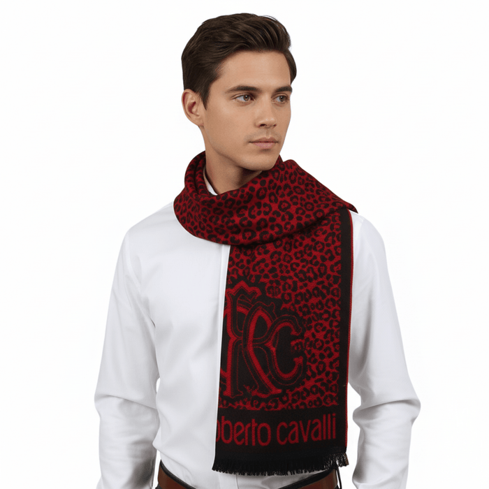 Roberto Cavalli ESZ056 02000 Red Wool Blend Leopard Print Mens Scarf