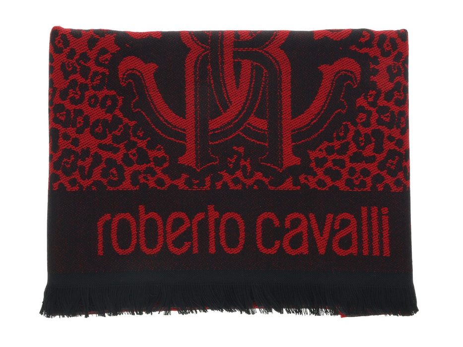 Roberto Cavalli ESZ056 02000 Red Wool Blend Leopard Print Mens Scarf
