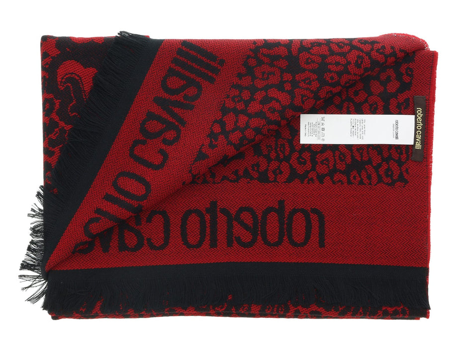 Roberto Cavalli ESZ056 02000 Red Wool Blend Leopard Print Mens Scarf