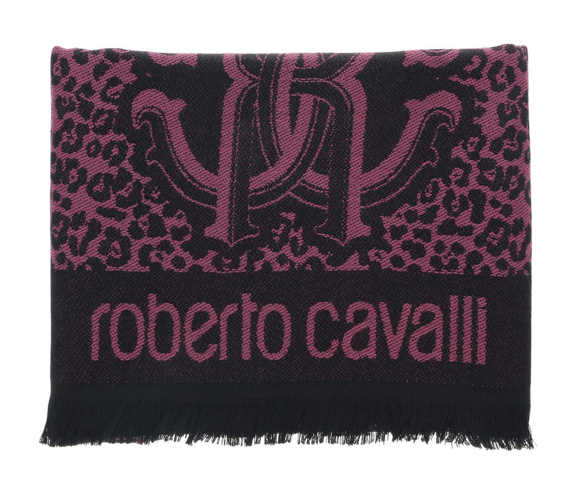 Roberto Cavalli ESZ056 03000 Purple Wool Blend Leopard Print Mens Scarf