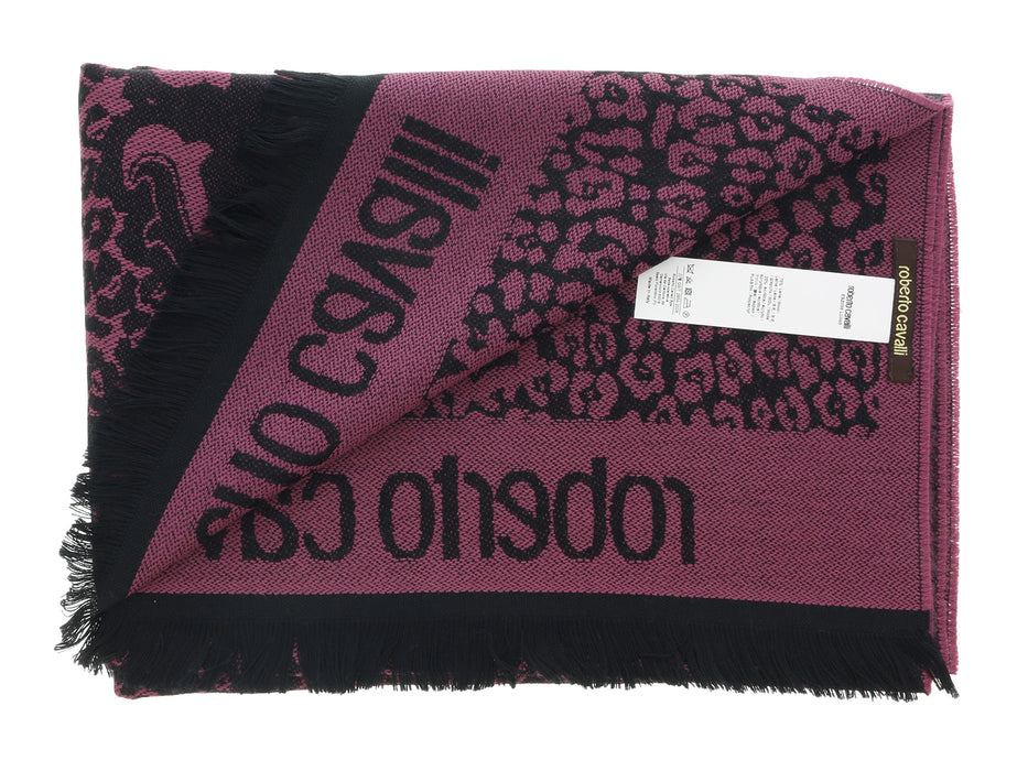 Roberto Cavalli Men's Purple Leopard Print Wool Blend Scarf