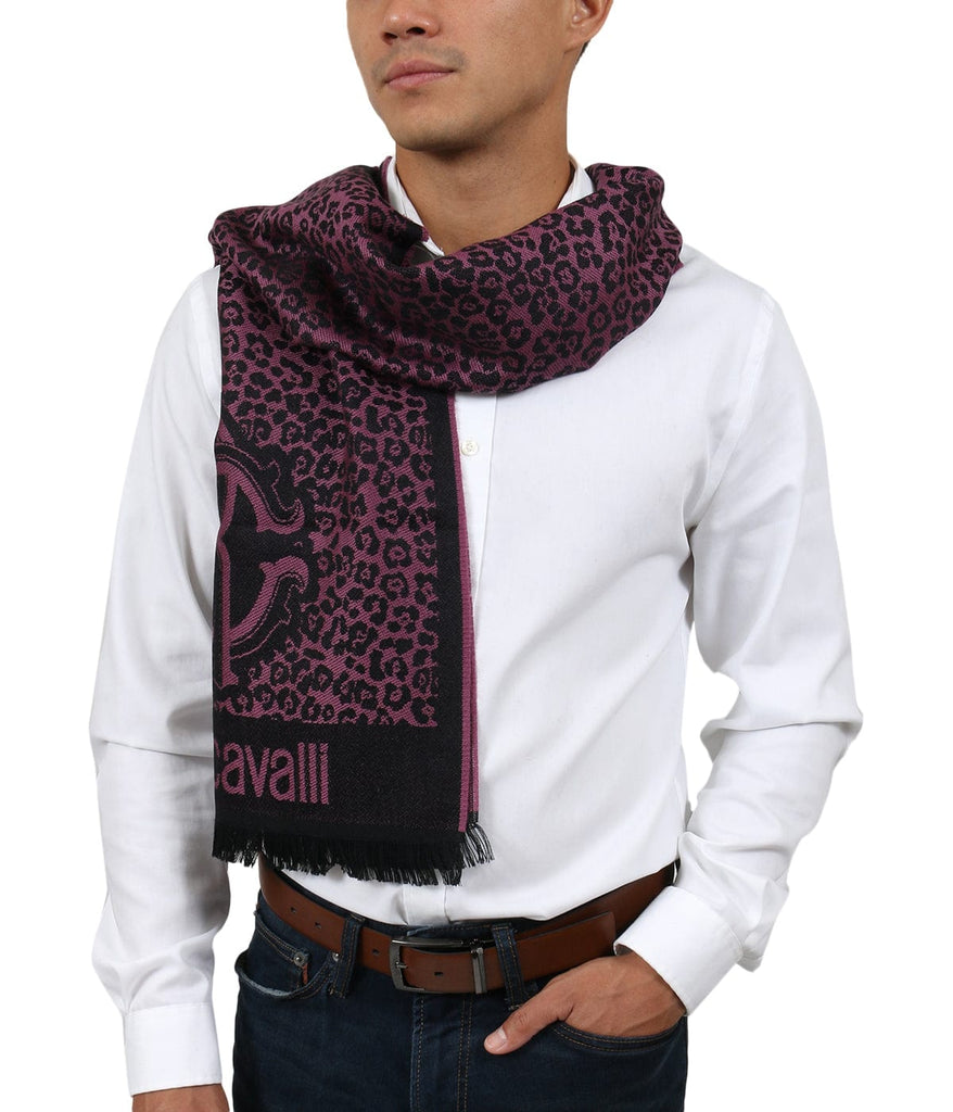 Roberto Cavalli  Purple Wool Blend Leopard Print Mens Scarf